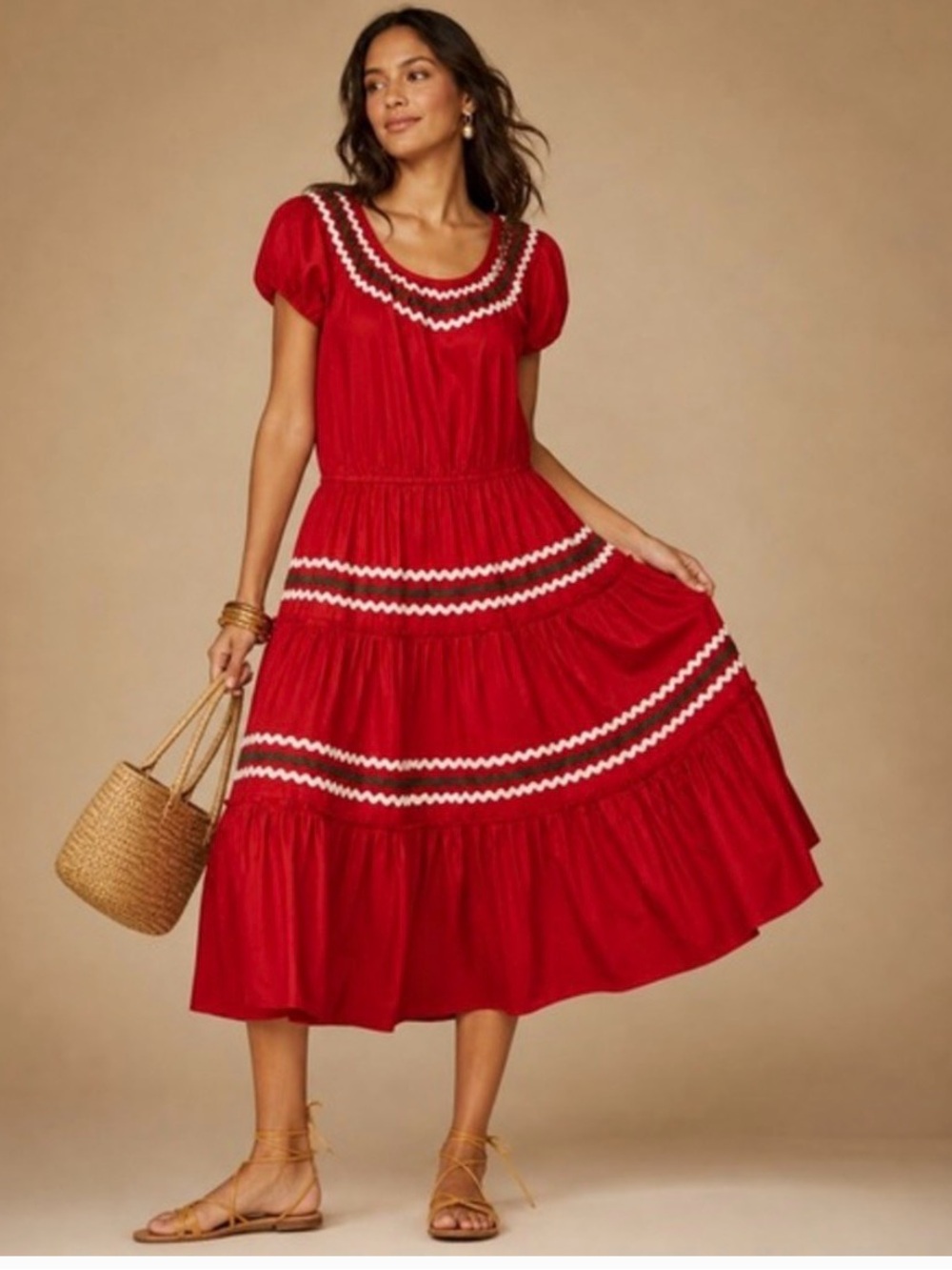 Tory Burch Red Midi Dress with White & green Trim